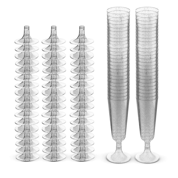 50 Plastic Silver Glittered Champagne Flutes | 5.5 oz. Clear Hard Disposable Party & Wedding Cups | Premium Heavy Duty Fancy Champagne Flute or Toasting Glasses (50-Pack) Silver Sparkled