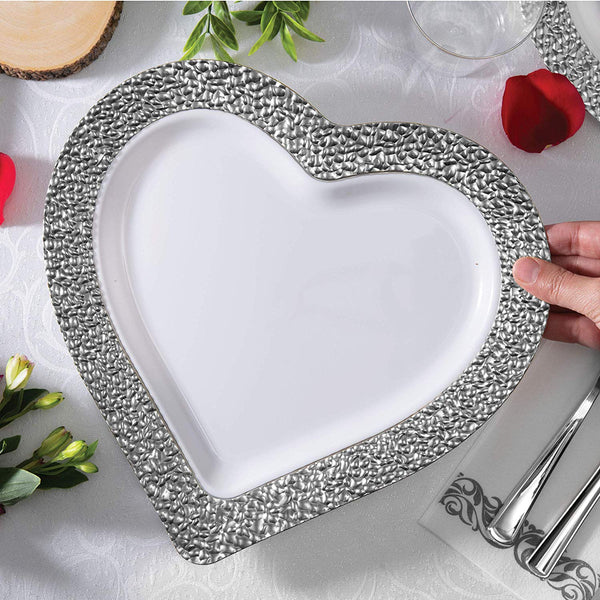 BloominGoods - Disposable Plastic plates, White with SILVER HAMMERED - 10" HEART Dinner Plates (50-Pack)