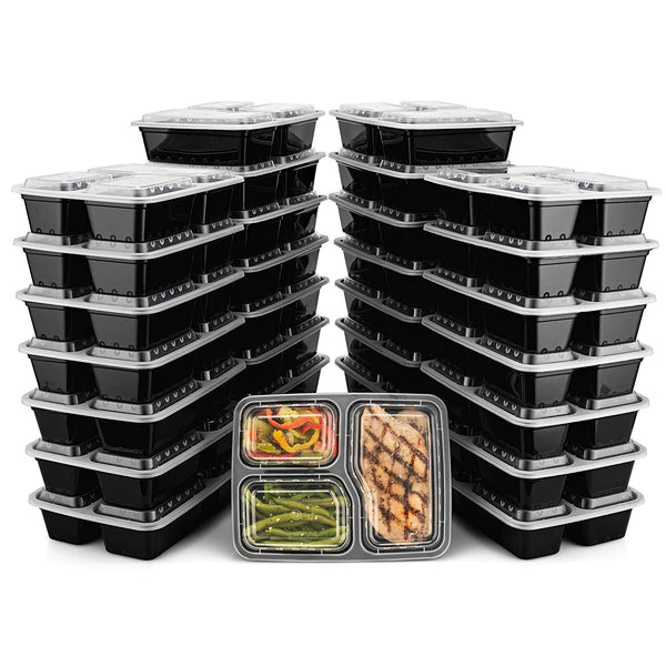 BloominGoods Meal Prep Containers | 3 Compartment Food Storage Container with Lids | Microwave, Dishwasher Safe, Reusable Portion Control Plates (30-Pack)