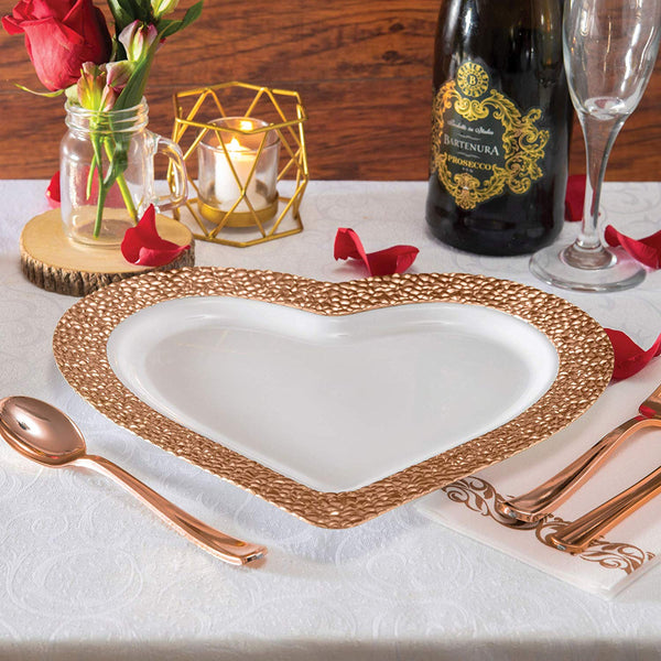 BloominGoods - Disposable Plastic plates, White with ROSE GOLD HAMMERED - 10" HEART Dinner Plates (25-Pack)
