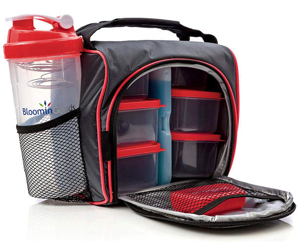 Meal Prep Bag, Lunch Box with Leakproof Portion Control Container Set, Reusable Ice Pack, Shaker Bottle and Vitamin Pocket for Healthy Meals All Day (Red) by Bloomingoods