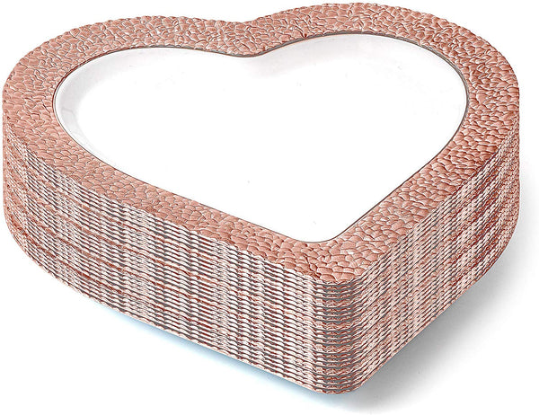 BloominGoods - Disposable Plastic plates, White with ROSE GOLD HAMMERED - 10" HEART Dinner Plates (25-Pack)