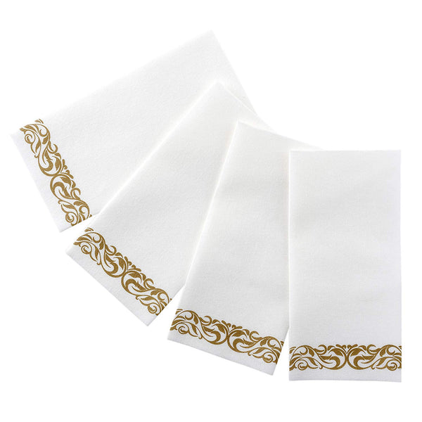 BloominGoods Disposable Linen-Feel Guest Towels - Decorative White Hand Towels, Gold Floral Cloth-Like Paper Napkins - Case of 1000 (Bulk Packaging)