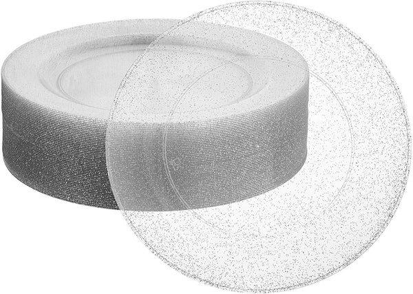 BloominGoods - Disposable Plastic plates, Clear with SILVER Glitter - 10.25" Dinner Plates (50-pack)