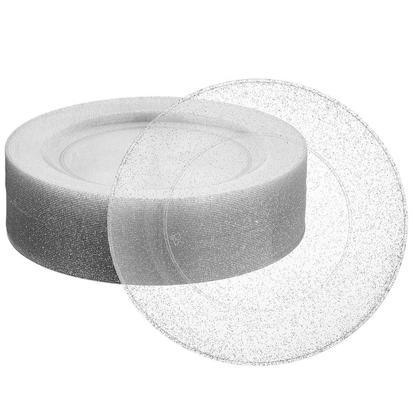 BloominGoods - Disposable Plastic plates, Clear with SILVER Glitter - 7.5" Dessert Plate (50-pack)