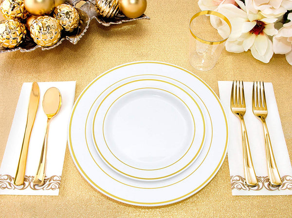 25 Guest Disposable Gold Dinnerware Set | Heavy Duty Plastic Plates, Cups & Silverware. | 50 Forks, 25 Spoons, 25 Knives, 25 Dinner Plates, 25 Dessert Plates & 25 Cups (175 pieces) Gold