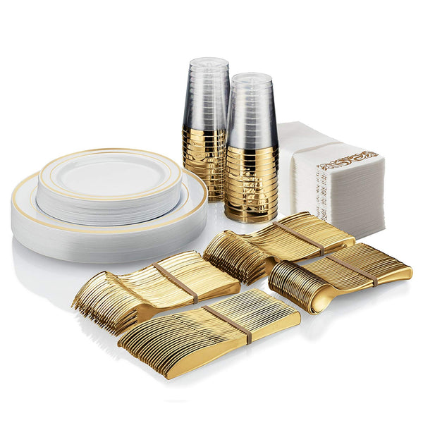 25 Guest Disposable Gold Dinnerware Set | Heavy Duty Plastic Plates, Cups, Silverware & Napkins. 50 Forks, 25 Spoons, 25 Knives, 25 Dinner Plates, 25 Dessert Plates & 25 Cups | Bonus 50 Guest Towels