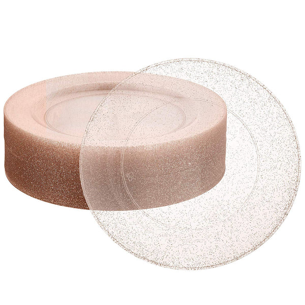 BloominGoods - Disposable Plastic plates, Clear with ROSE GOLD Glitter - 7.5" Dessert Plate (50-pack)