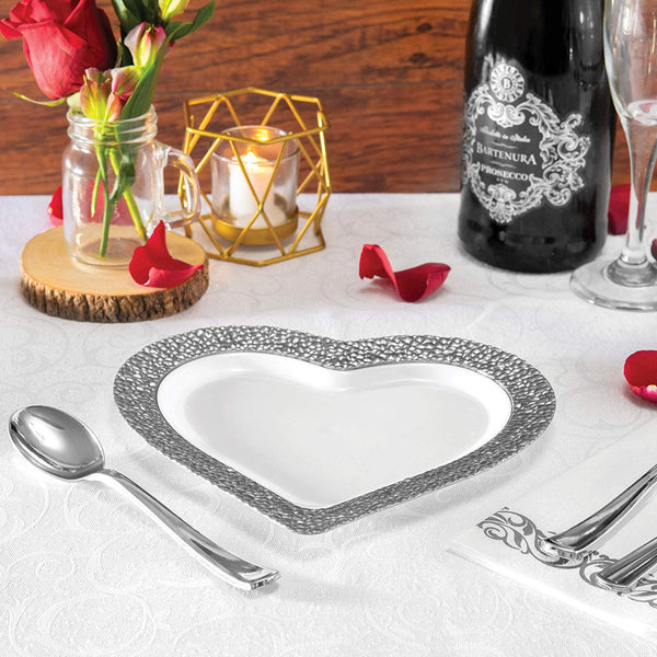 BloominGoods - Disposable Plastic Plates, White with SILVER HAMMERED - 8" HEART Dessert Plate (50-Pack)
