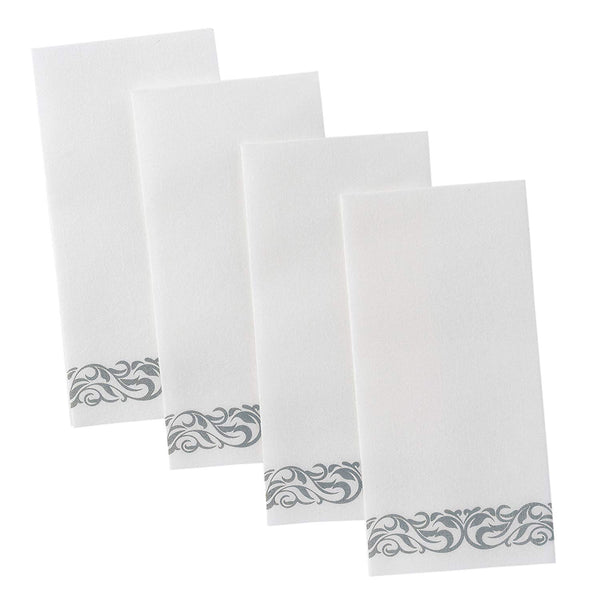 BloominGoods Disposable Dinner Napkins & Decorative Bathroom Paper Hand Towels | Soft and Absorbent Linen-Feel Guest Towels for Parties, Weddings, Dinners, Events | White and Silver (100-Pack)