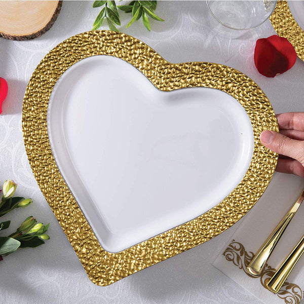 BloominGoods - Disposable Plastic plates, White with GOLD HAMMERED - 10" HEART Dinner Plates (25-Pack)