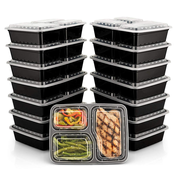 BloominGoods Meal Prep Containers | 3 Compartment Food Storage Container with Lids | Microwave, Dishwasher Safe, Reusable Portion Control Plates (15-Pack) by Bloomingoods