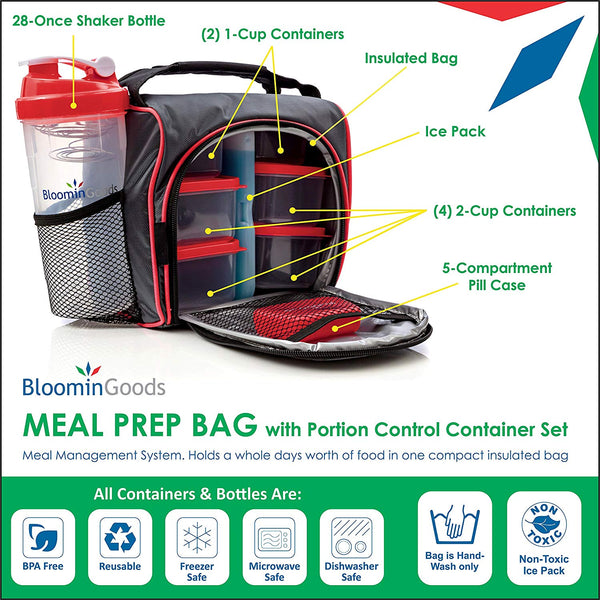 Meal Prep Bag, Lunch Box with Leakproof Portion Control Container Set, Reusable Ice Pack, Shaker Bottle and Vitamin Pocket for Healthy Meals All Day (Red) by Bloomingoods