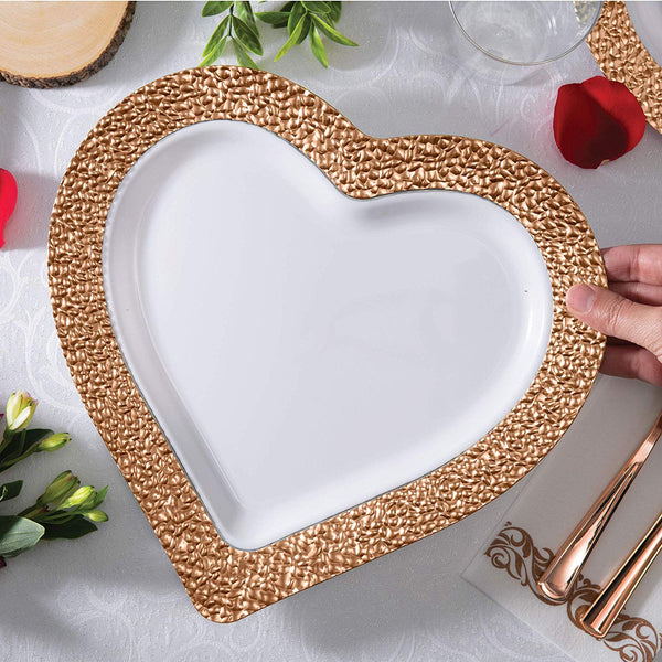 BloominGoods - Disposable Plastic plates, White with ROSE GOLD HAMMERED - 10" HEART Dinner Plates (25-Pack)