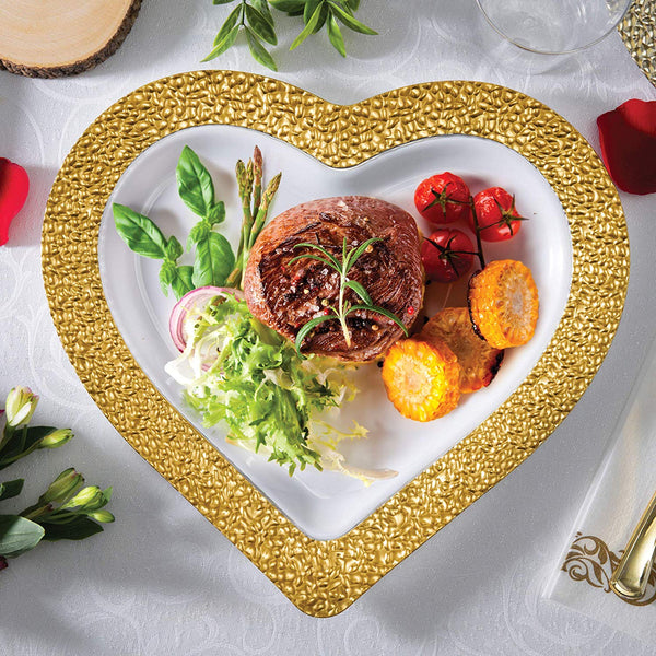 BloominGoods - Disposable Plastic plates, White with GOLD HAMMERED - 10" HEART Dinner Plates (25-Pack)