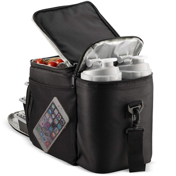 Insulated Lunch Bag with 3 Disposable Meal Prep Containers, 2 Shaker Bottles (28oz) and Reusable Ice Packs, Convenient Multi-Compartment System + Portion Control Kit for Your Daily Meal Plan (Black)