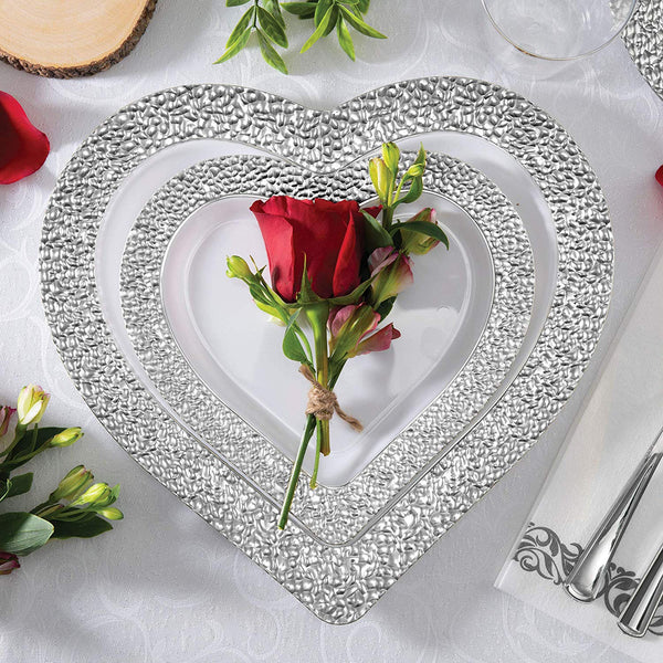 BloominGoods - Disposable Plastic plates, White with SILVER HAMMERED - 10" HEART Dinner Plates (50-Pack)