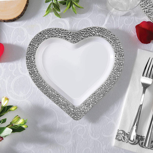 BloominGoods - Disposable Plastic Plates, White with SILVER HAMMERED - 8" HEART Dessert Plate (50-Pack)
