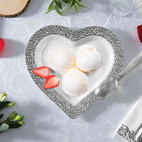 BloominGoods - Disposable Plastic Plates, White with SILVER HAMMERED - 8" HEART Dessert Plate (50-Pack)