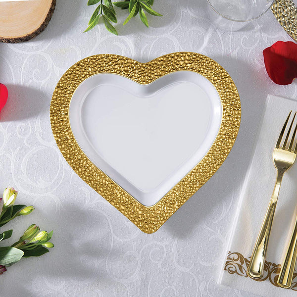 BloominGoods - Disposable Plastic Plates, White with GOLD HAMMERED - 8" HEART Dessert Plate (25-Pack)