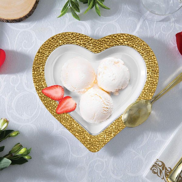 BloominGoods - Disposable Plastic Plates, White with GOLD HAMMERED - 8" HEART Dessert Plate (25-Pack)