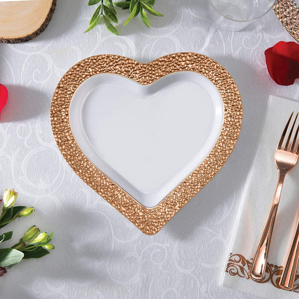 BloominGoods - Disposable Plastic Plates, White with ROSE GOLD HAMMERED - 8" HEART Dessert Plate (25-Pack)