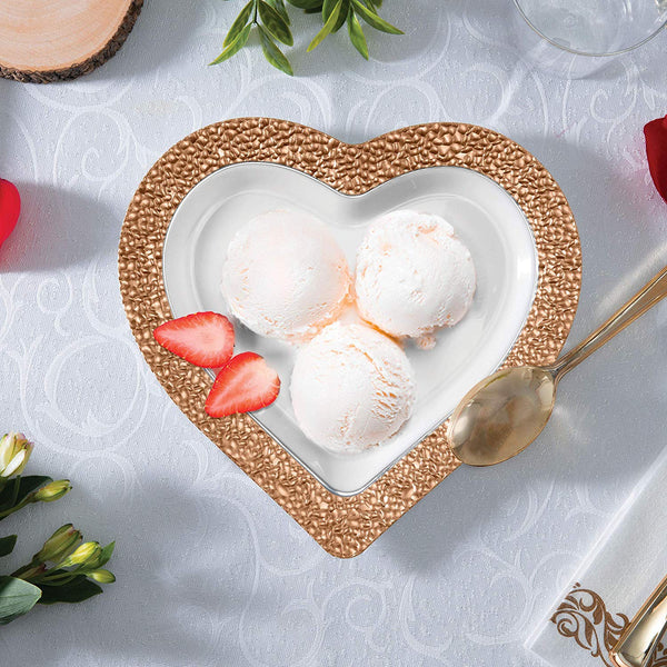 BloominGoods - Disposable Plastic Plates, White with ROSE GOLD HAMMERED - 8" HEART Dessert Plate (50-Pack)