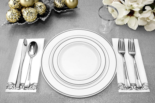 25 Guest Disposable Silver Party Dinnerware Set | Heavy Duty Plastic Plates & Silverware | Wedding Tableware includes 50 Forks, 25 Spoons, 25 Knives, 25 Dinner Plates, 25 Dessert Plates (150 pieces)
