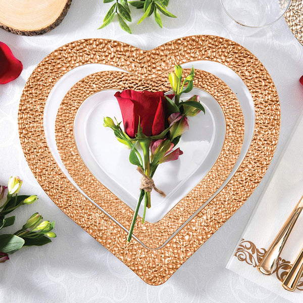 BloominGoods - Disposable Plastic Plates, White with ROSE GOLD HAMMERED - 8" HEART Dessert Plate (50-Pack)