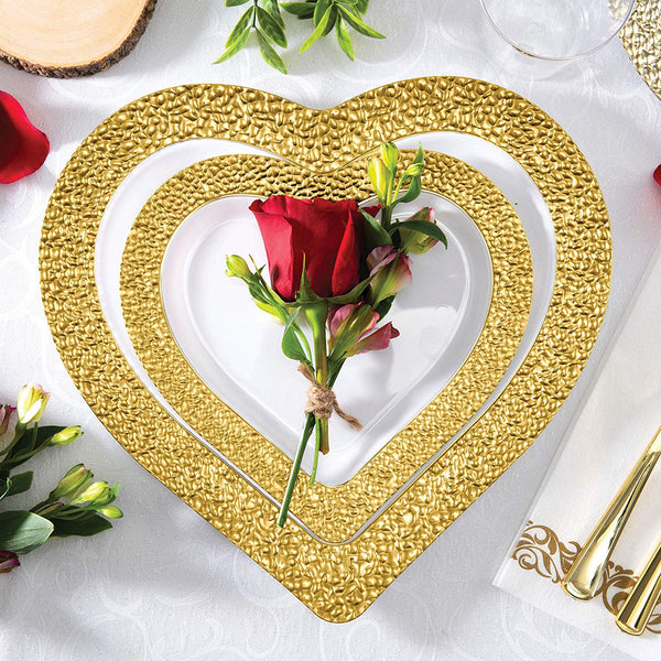 BloominGoods - Disposable Plastic Plates, White with GOLD HAMMERED - 8" HEART Dessert Plate (25-Pack)